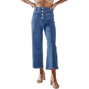 Sidefeel High Rise Wide Leg Cropped Jeans Size 6 Blue Button Fly Stretch Denim